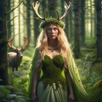 an image of Mielikki, the Finnish forest goddess. She stands in a lush Nordic forest, wearing a gown of moss and leaves, crowned with antlers and wildflowers.