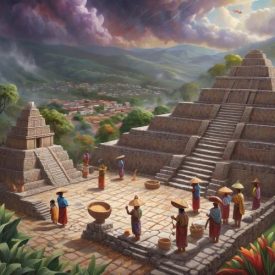 Mythlok - Mixtec_ A cultural scene inspired by Mixtec mythology: a highland valley in Oaxaca with stepped temples and stone stelae in the background