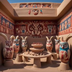 Mythlok - Moche_ A cultural scene inspired by Moche mythology: the adobe temples of Huaca de la Luna with colorful murals of gods and animal spirits