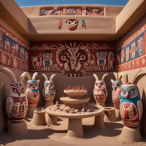 A cultural scene inspired by Moche mythology: the adobe temples of Huaca de la Luna with colorful murals of gods and animal spirits