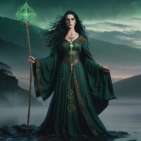 Portrait of Morgan le Fay, a regal enchantress from Arthurian mythology, standing alone on the misty shores of Avalon.