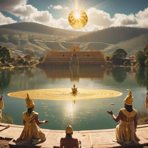 Muisca Mythology A cultural scene inspired by Muisca mythology: Lake Guatavita shimmering under the Andean sun, with a Muisca ruler covered in golden dust