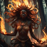 Nyale from Bambara mythology as a solitary female figure surrounded by swirling flames and shadows, symbolizing chaos and fertility.