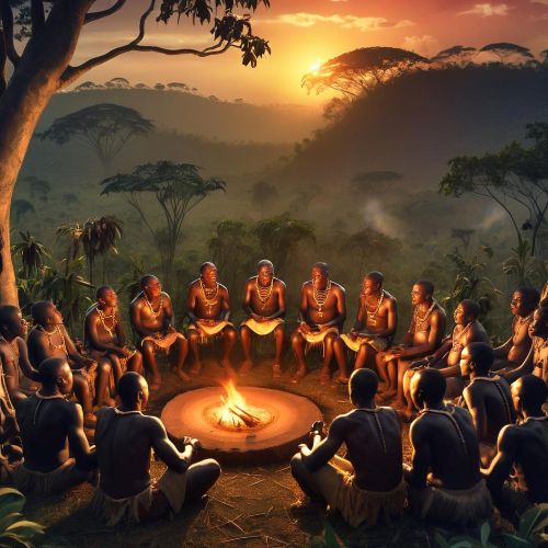 Image of a dramatic scene from Nyanga mythology involving a storyteller and listeners in a circle