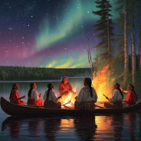 Mythlok - Ojibwe_ Ojibwe mythology expressed through community and nature: elders sharing stories with children around a fire near a forest and lake, ceremonial dancers in traditional clothing, canoes on the water, and the northern skies glowing with stars and auroras.