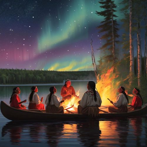 Ojibwe mythology expressed through community and nature: elders sharing stories with children around a fire near a forest and lake, ceremonial dancers in traditional clothing, canoes on the water, and the northern skies glowing with stars and auroras.