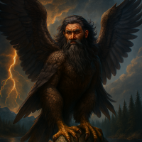an image of Ong from Washoe mythology: a colossal eagle-like bird with a human warrior&rsquo;s face, wings longer than pine trees