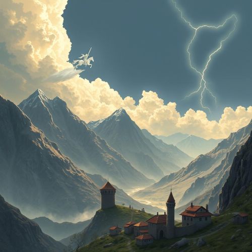An epic cultural illustration inspired by Ossetian mythology, set in the high Caucasus Mountains with dramatic peaks and valleys under a glowing sky.
