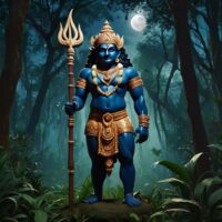 Parakutty Chathan, a fierce guardian deity from Kerala&rsquo;s Vishnumaya tradition, standing in a sacred forest grove under a moonlit Amavasi night.