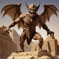 Pazuzu as a living mythological entity with deep olive-brown skin tone