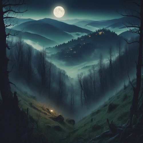 Image inspired by Romanian mythology, set in the misty Carpathian Mountains with dense forests and a glowing full moon.