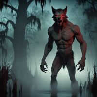 an image of a Rougarou standing in a misty Louisiana bayou at night.