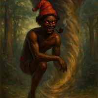 Saci-Perer&ecirc; from Brazilian folklore: a one-legged, dark-skinned youth wearing a red magical cap and smoking a pipe