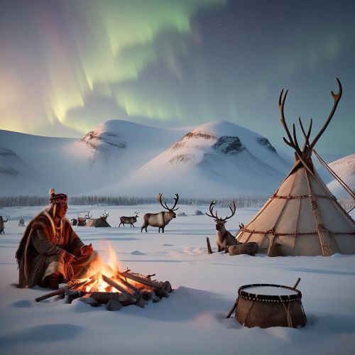 Sami Mythology A winter landscape of northern Scandinavia inspired by Sami mythology, showing snow-covered mountains,