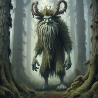 Mythlok - Shurali Shurali, a tall woolly forest spirit with very long fingers and horns on its forehead, standing in a misty pine forest.