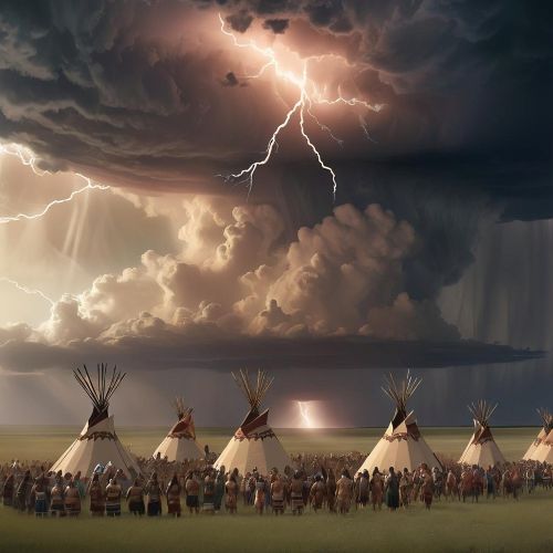 A cultural scene inspired by Sioux mythology: a wide circle of tipis set on the plains, symbolizing the sacred circle