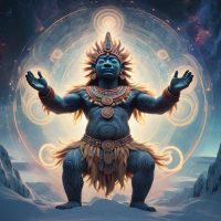 an image of Tem&aacute;ukel, the primordial god of the Selk'nam people, depicted as a radiant, abstract force dwelling in the eastern sky