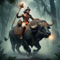 an image of Vishnumaya, the South Indian deity, depicted as a youthful male riding a buffalo through a misty forest.