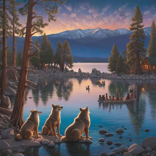 A cultural scene inspired by Washoe mythology: Lake Tahoe at dusk surrounded by Sierra Nevada mountains