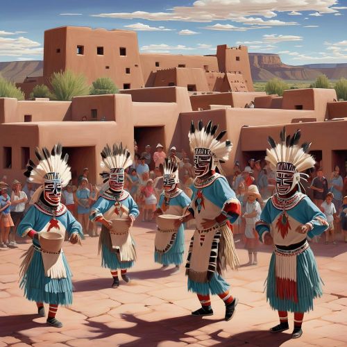 A cultural scene inspired by Zuni mythology: ceremonial dancers wearing kachina masks performing in a pueblo plaza surrounded by adobe structures