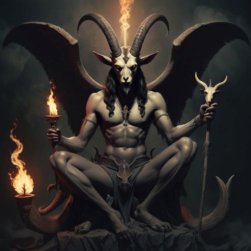 A mystical and symbolic illustration of Baphomet: a winged humanoid with goat’s head