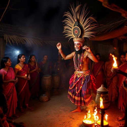Bhuta Kola ritual in a South Indian village, with a spirit medium wearing a colorful costume, painted face, and towering headdress
