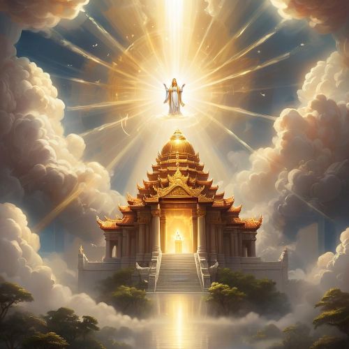 Boons & Blessings_ A divine scene depicting “Boons & Blessings” — a radiant celestial deity extending hands of light toward humble devotees below.