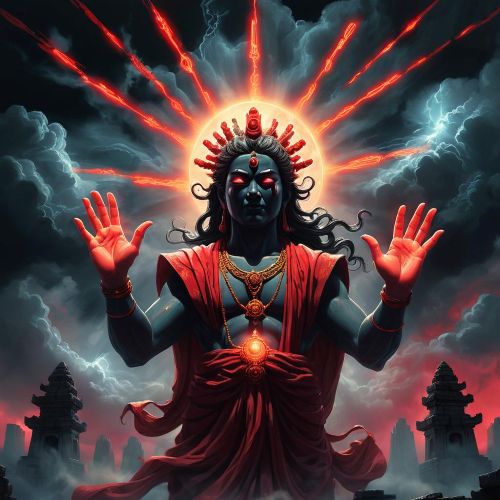 Curses & Condemnation_ A divine scene depicting Curses & Condemnation — a spiteful celestial deity extending hands of darkness.