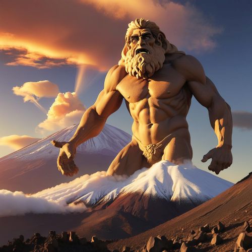 A majestic depiction of Achamán, the Guanche sky god, hovering above Mount Teide at sunrise.