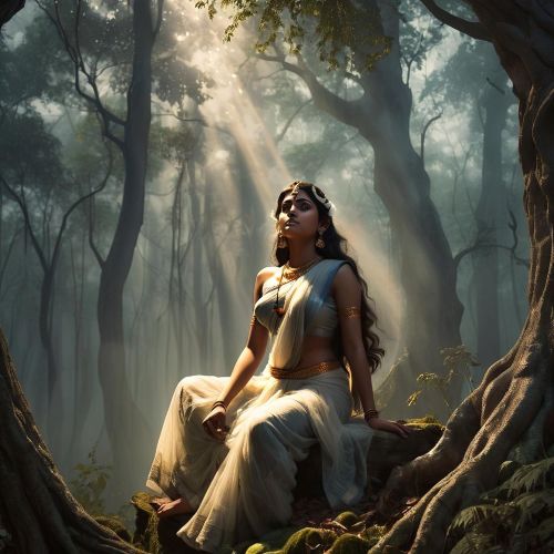 Ahalya, the divine beauty from Indian mythology, seated in a forest hermitage