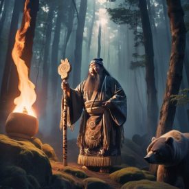 A mystical scene inspired by Ainu Mythology depicting an ancient Ainu shaman performing a ritual in a forest