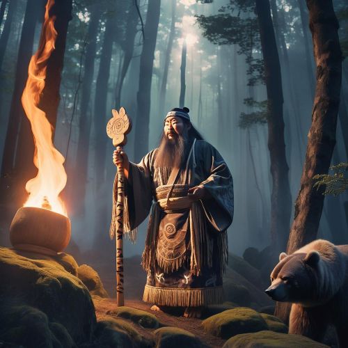 Ainu Mythology A mystical scene inspired by Ainu Mythology depicting an ancient Ainu shaman performing a ritual in a forest