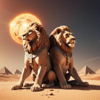 Mythlok - Aker an image of Aker from Egyptian mythology as two lions seated back-to-back on a desert horizon