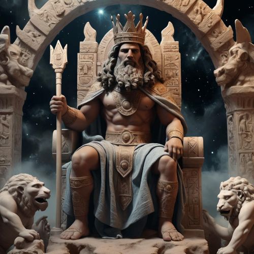 Alalu, the primordial Hurrian god, seated on a celestial throne in the underworld, wearing a crown