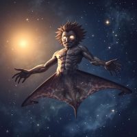 Aluluei from Ifaluk mythology: a two-faced male spirit with a human upper body and stingray lower half