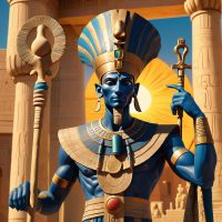 Mythlok - Amun Ra mage of Amun Ra in human form, wearing a double-plumed crown and holding an ankh and was scepter.