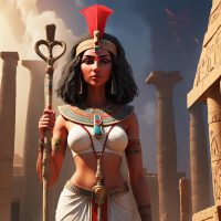 an image of Amunet, the Egyptian goddess, standing in a temple courtyard.