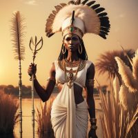 Mythlok - Anuket Anuket, a regal Nubian goddess standing beside the Nile, wearing a tall ostrich feather headdress and holding an ankh and scepter