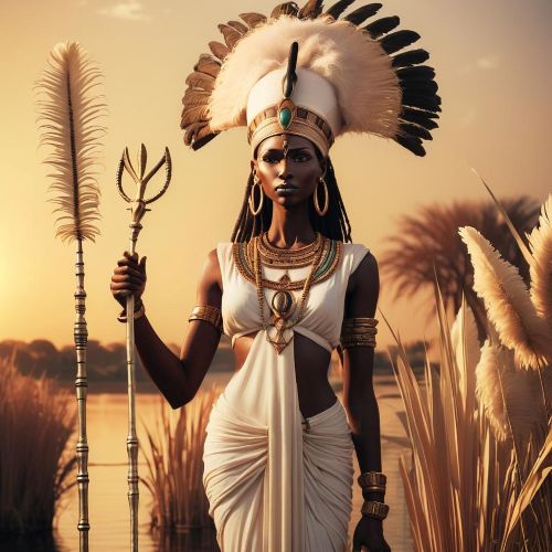 Anuket, a regal Nubian goddess standing beside the Nile, wearing a tall ostrich feather headdress and holding an ankh and scepter
