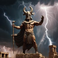 Mythlok - Baal image of Baal, the Canaanite storm god, standing atop a thundercloud.