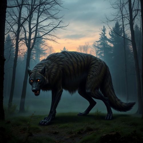 the Beast of Gévaudan — a large, wolf-like creature with russet fur, dark stripes, and glowing eyes