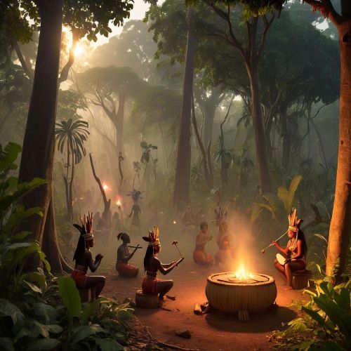 A lush Central African forest scene at sunrise, representing Beti-Pahuin mythology.