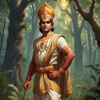 Mythlok - Bharata Bharata, an ancient regal Indian prince from the Ramayana standing in a forest clearing