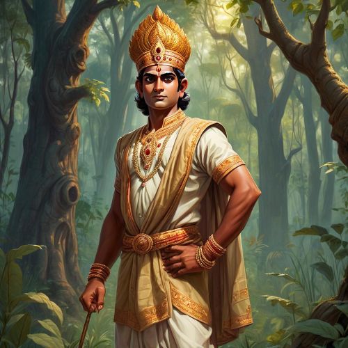 Bharata, an ancient regal Indian prince from the Ramayana standing in a forest clearing