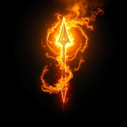 Bhargavastra, shaped like a radiant arrow suspended mid-air, surrounded by swirling flames.