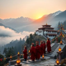 A serene Himalayan valley at sunrise representing Bhutanese mythology.