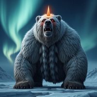 Mythlok - Bjarndýrakóngur Bjarndyrakongur, the Icelandic Bear King as colossal polar bear with glowing horn on its forehead