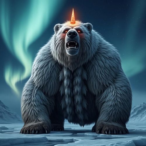 Bjarndyrakongur, the Icelandic Bear King as colossal polar bear with glowing horn on its forehead