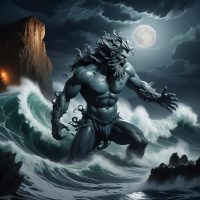 Mythlok - Bucca a dramatic coastal scene featuring a single mythological sea-spirit known as Bucca