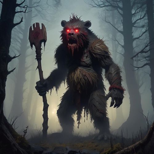 A solitary Bugbear from English folklore, standing in a misty forest at dusk.